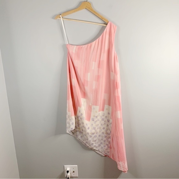 Anthropologie Maeve Avalonne Pink One Shoulder Asymmetric Silk Pink Mini Dress 8 - Picture 2 of 12
